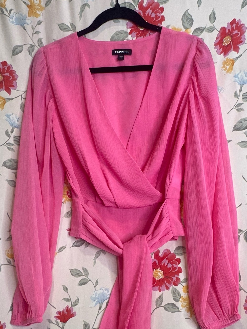 EXPRESS PINK FAUX WRAP TIE WAIST BLOUSE WOMENS SIZE S